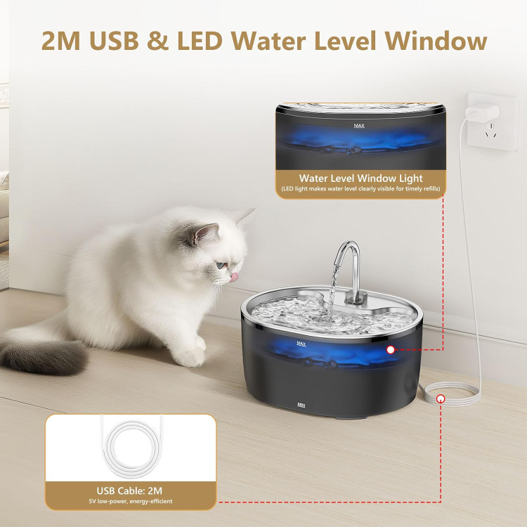 فواره آب گربه برای گربهها Lnox با چراغ LED، 3.2 لیتر/108.2 اونس، آبسردکن فوقالعاده بیصدا، دارای فیلتر کربن فعال USB، فواره چندگانه س0