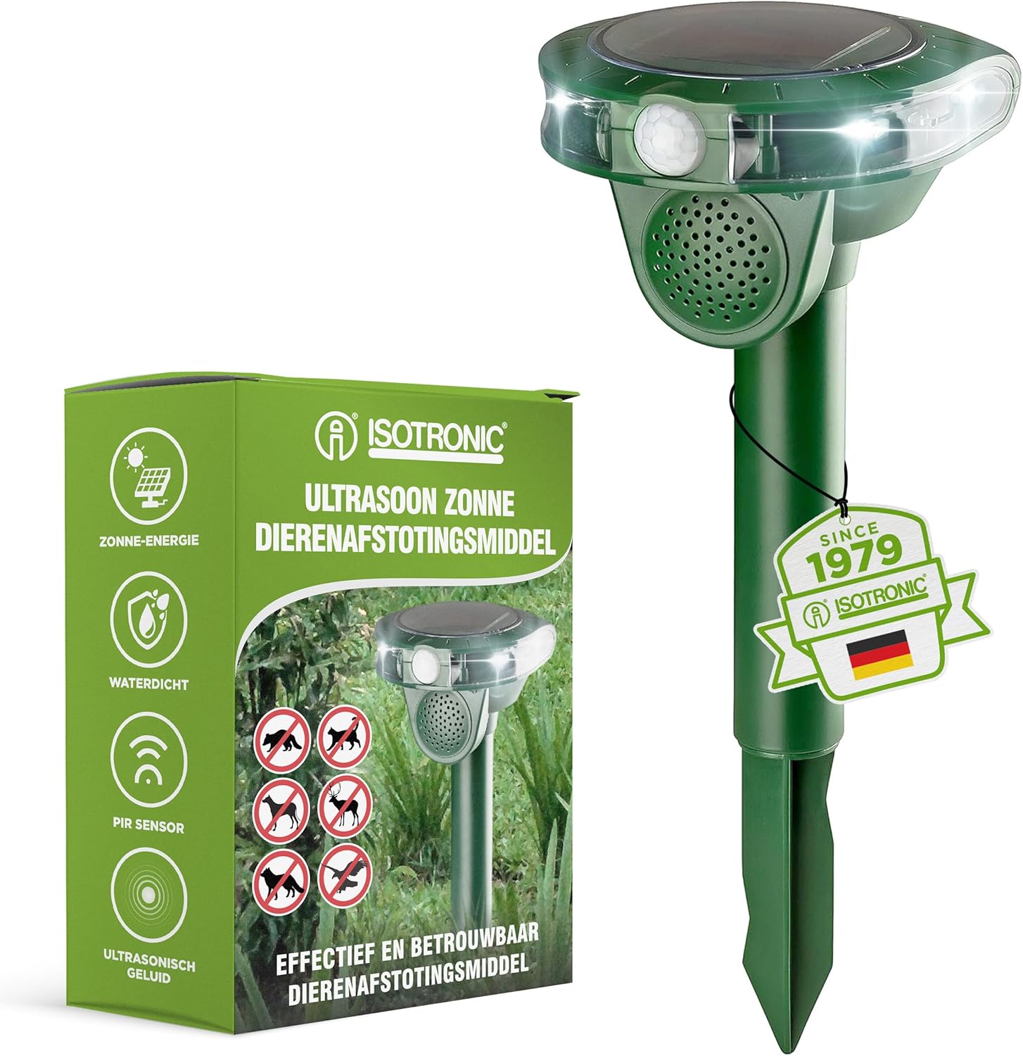 دافع حیوانات اولتراسونیک خورشیدی برند آلمانی  ISOTRONIC (تخفیف 50 درصدی آسیب جزیی در حمل) گربه سگ حیوانات وحشی س0