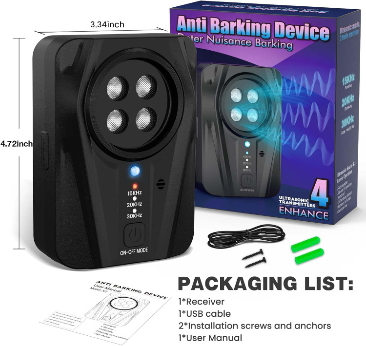دستگاه ضد پارس سگ Bubbacare، التراسونیک دستگاه ضد پارس اتوماتیک ۳ حالته با ۴ فرستنده اولتراسونیک، دستگاه ضد پارس سگ صوتی و اولتراسونیک برای فضای باز و سرپوشیده، دستگاه ضد پارس سگ قابل شارژ س1
