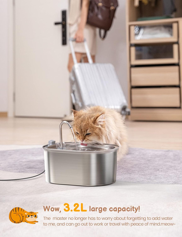آبخوری حیوانات خانگی از جنس استیل ضد زنگ بسیار بیصدای SOOFPET با حجم ۳.۲ لیتر - مناسب برای گربهها، سگها و سایر حیوانات خانگی ن0