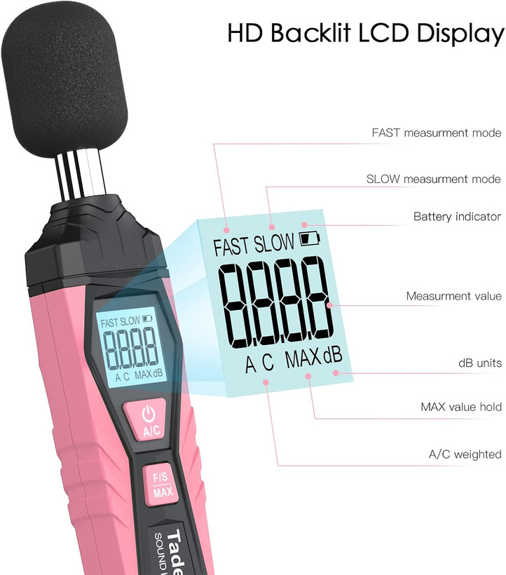صوت متر - دسیبل متر، صداسنج دیجیتال Tadeto، SPL متر قابل حمل، حداکثر داده ها را از 30dB تا 130dB نگه می دارد، دارای صفحه نمایش LCD با نور پس زمینه، تهویه مطبوع وزنی برای کارخانه های خانگی ن1