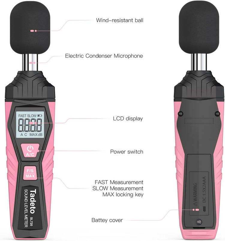 صوت متر - دسیبل متر، صداسنج دیجیتال Tadeto، SPL متر قابل حمل، حداکثر داده ها را از 30dB تا 130dB نگه می دارد، دارای صفحه نمایش LCD با نور پس زمینه، تهویه مطبوع وزنی برای کارخانه های خانگی ن1