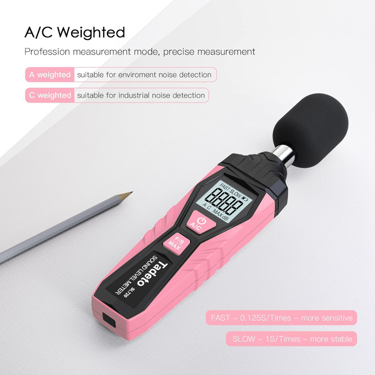 صوت متر - دسیبل متر، صداسنج دیجیتال Tadeto، SPL متر قابل حمل، حداکثر داده ها را از 30dB تا 130dB نگه می دارد، دارای صفحه نمایش LCD با نور پس زمینه، تهویه مطبوع وزنی برای کارخانه های خانگی ن1