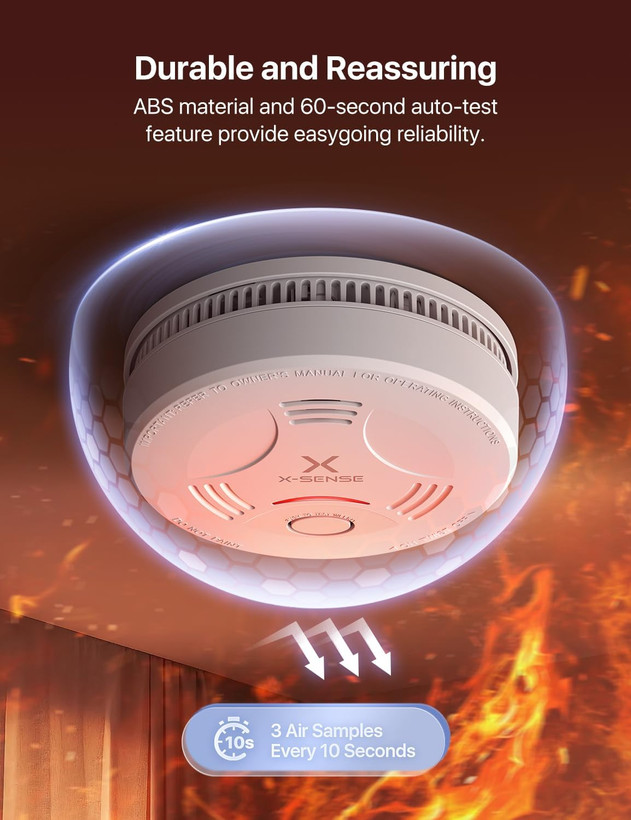 آلارم دود X-Sense برای خانه، آلارم آتش با باتری 10 ساله، نشانگر LED و دکمه بیصدا، دتکتور دود با باتری کار میکند، مطابق با استاندارد EN 14604، SD11 ن1