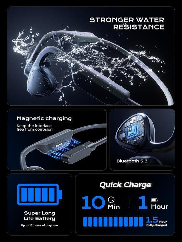 هدفونهای هدایت استخوانی Mozone، مدل X19pro بلوتوث 5.3 بیسیم، هدفونهای ورزشی ضد آب IPX7 با 12 ساعت پخش و شارژ سریع مغناطیسی، تناسب ایمن برای باشگاه، دوچرخهسواری، پیادهروی، دویدن س1