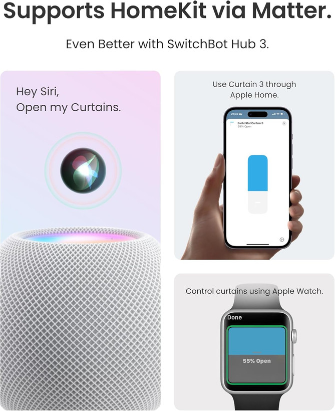 پرده بازکن اتوماتیک SwitchBot 2025 با ۳ میله، یک عدد پرده هوشمند با کنترل از راه دور بلوتوث، کنترل از طریق وای فای و اپلیکیشن، قابلیت اتصال به هاب و سازگاری با الکسا، گوگل هوم و هوم کیت ن1