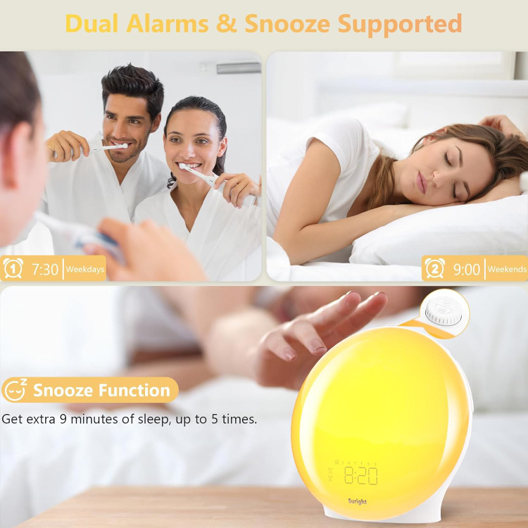 ساعت زنگ دار Suright Light، ساعت زنگ دار روز مدل LD081-WH، چراغ بیدارباش با دو آلارم، شبیه سازی طلوع و غروب خورشید، 20 درجه روشنایی، 19 رنگ، 15 صدای طبیعی و رادیو FM برای بزرگسالان و کودکان