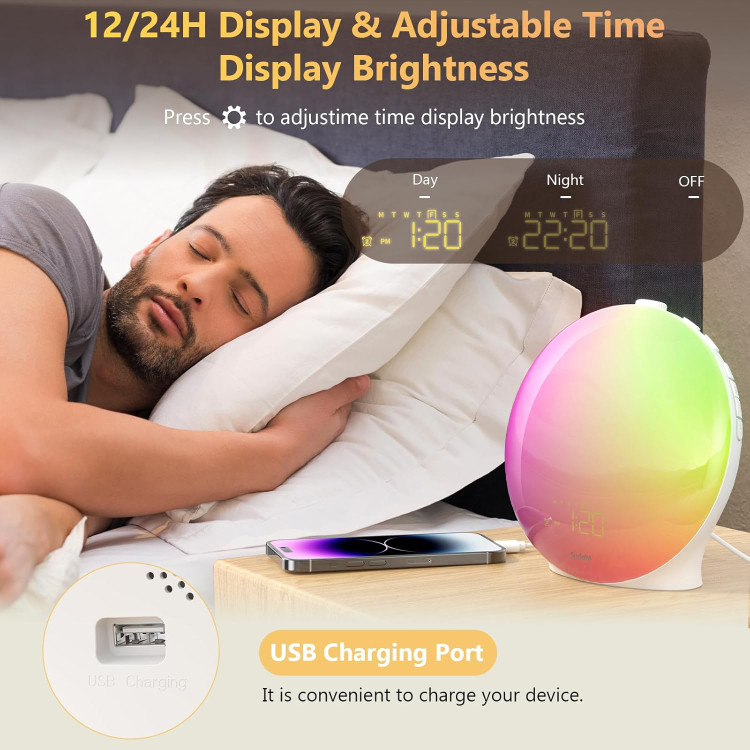 ساعت زنگ دار Suright Light، ساعت زنگ دار روز مدل LD081-WH، چراغ بیدارباش با دو آلارم، شبیه سازی طلوع و غروب خورشید، 20 درجه روشنایی، 19 رنگ، 15 صدای طبیعی و رادیو FM برای بزرگسالان و کودکان