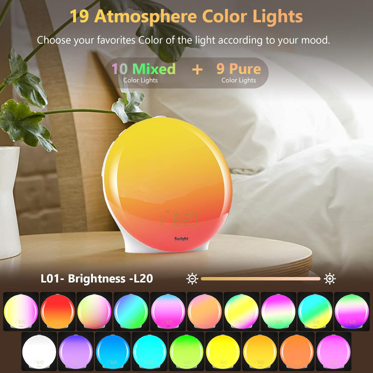 ساعت زنگ دار Suright Light، ساعت زنگ دار روز مدل LD081-WH، چراغ بیدارباش با دو آلارم، شبیه سازی طلوع و غروب خورشید، 20 درجه روشنایی، 19 رنگ، 15 صدای طبیعی و رادیو FM برای بزرگسالان و کودکان