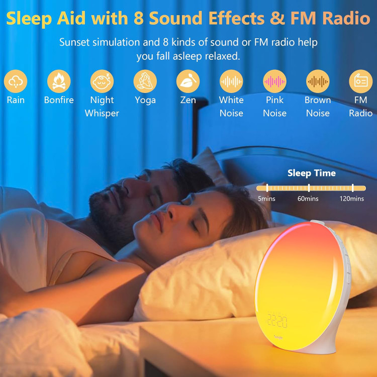 ساعت زنگ دار Suright Light، ساعت زنگ دار روز مدل LD081-WH، چراغ بیدارباش با دو آلارم، شبیه سازی طلوع و غروب خورشید، 20 درجه روشنایی، 19 رنگ، 15 صدای طبیعی و رادیو FM برای بزرگسالان و کودکان