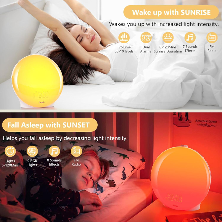 ساعت زنگ دار Suright Light، ساعت زنگ دار روز مدل LD081-WH، چراغ بیدارباش با دو آلارم، شبیه سازی طلوع و غروب خورشید، 20 درجه روشنایی، 19 رنگ، 15 صدای طبیعی و رادیو FM برای بزرگسالان و کودکان