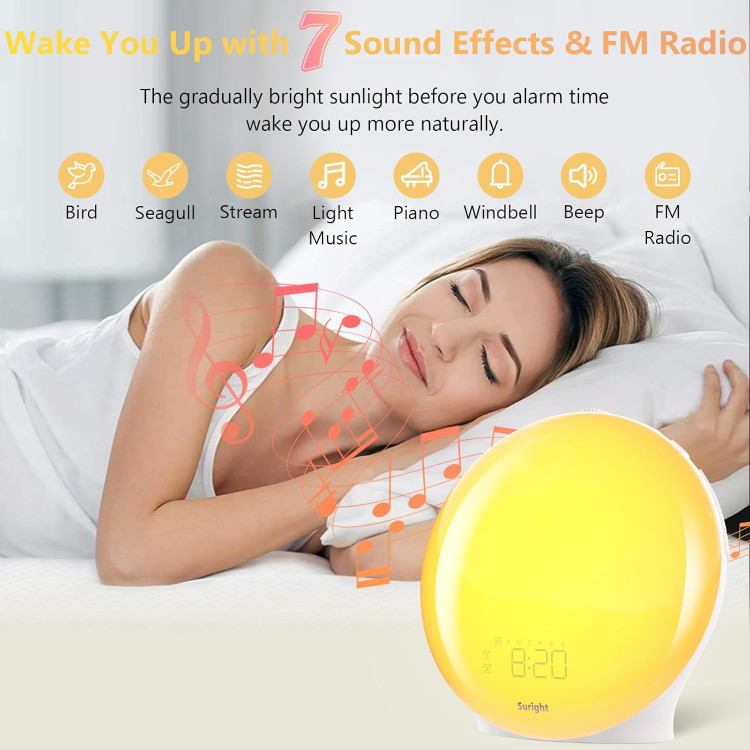 ساعت زنگ دار Suright Light، ساعت زنگ دار روز مدل LD081-WH، چراغ بیدارباش با دو آلارم، شبیه سازی طلوع و غروب خورشید، 20 درجه روشنایی، 19 رنگ، 15 صدای طبیعی و رادیو FM برای بزرگسالان و کودکان