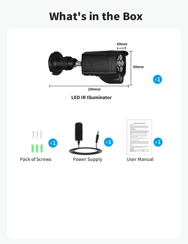 چراغ مادون قرمز LONNKY LED با زاویه دید عریض - ۸ ال ای دی - ۹۰ درجه و طول موج ۱۰۰ فوت، مناسب برای دوربینهای مداربسته، دوربین IP، دوربین بولت، دوربین دام، مناسب برای استفاده در فضای باز و سرپوشیده ن1