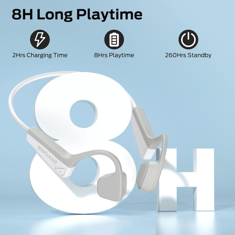 هدفون Bugani هدایت استخوانی القایی ، هدفونهای بلوتوث 5.3 روباز با میکروفون HD، هدفونهای ورزشی بیسیم با بیس عمیق، 8 ساعت پخش، شارژ سریع Type-C برای تمرین و دویدن