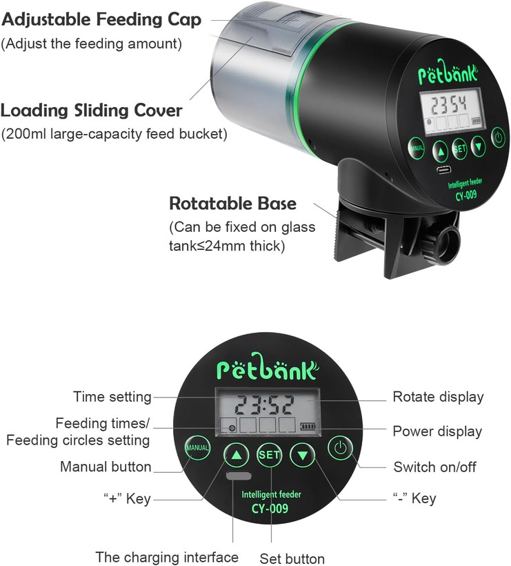 دستگاه تغدیه ماهی برند petnank- غذادهنده اتوماتیک ماهی تایمردار قابل شارژ با کابل شارژر USB دستگاه پخش غذای ماهی برای آکواریوم یا مخزن ماهی ن1