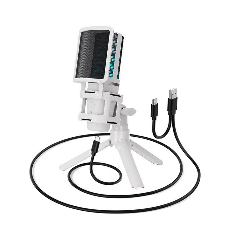 میکروفون یو اس بی zealsound، سفید رنگ میکروفون بازی RGB برای PC Mac Phone، PS4&5، میکروفن خازنی Cardioid با آداپتور USB-C، بیصدا کردن سریع، پایه سهپایه، فیلتر پاپ برای...- تهران فوری
