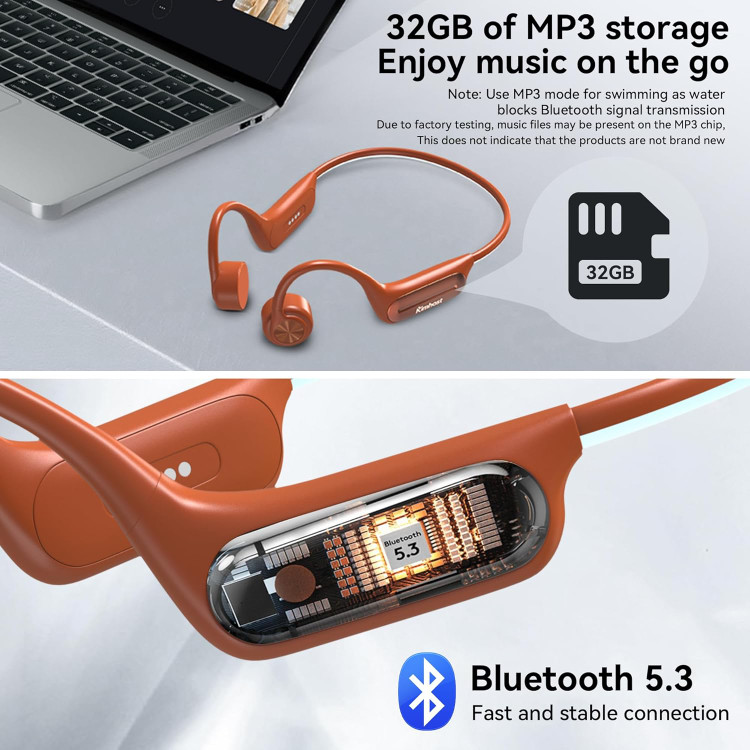 هدفونهای هدایت استخوانی - هدفونهای شنا با استاندارد IP68، هدفونهای هدایت استخوانی با حالت MP3، حافظه ۳۲ گیگابایتی، زمان پخش تا ۸ ساعت، هدفونهای دویدن بلوتوث ۵.۳، مناسب برای زیر آب (نارنجی) ن1