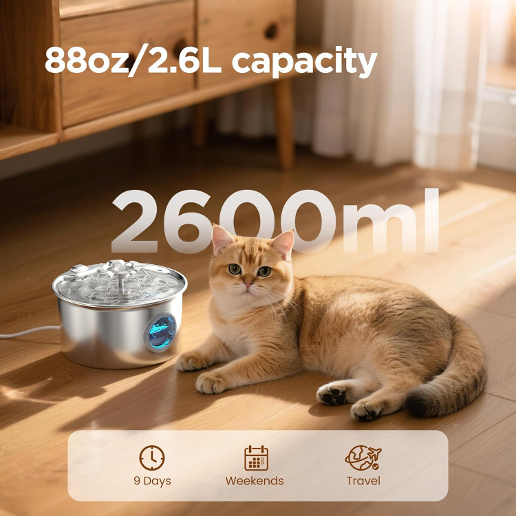 آبخوری اتوماتیک گربه از جنس استیل ضد زنگ - آبخوری حیوانات خانگی 2.6 لیتری از جنس استیل ضد زنگ -کاسه آبخوری حیوانات خانگی با پنجره سطح قابل مشاهده - طرح دهانه گلدار -- با5 فیلتر همراه ن1