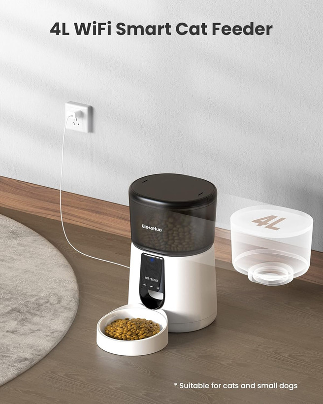 ظرف غذای اتوماتیک گربه GIOTOHUN WiFi، غذادهنده گربه با زمانبندی قابل برنامهریزی، ظرف غذای خشک گربه، ظرف غذای حیوانات خانگی ۴ لیتری با ۱ تا ۱۰ وعده غذایی، غذادهنده سگ اتوماتیک، منبع تغذیه دوگانه، کنترل از طریق برنامه، ضبط صدا ۱۰ ثانیهای ن1
