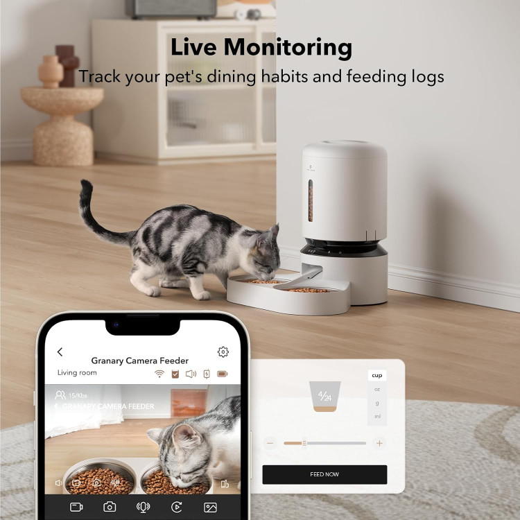 غذادهنده اتوماتیک گربه PETLIBRO با دوربین برای دو گربه، فیلمبرداری 1080P HD با دید در شب، غذادهنده حیوانات خانگی وایفای 5G با کنترل از طریق اپلیکیشن تلفن، صدای دو طرفه برای گربه و سگ، هشدار کمبود غذا و حرکت و صدا