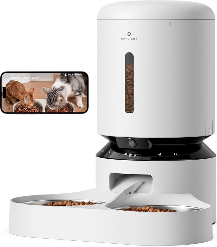 غذادهنده اتوماتیک گربه PETLIBRO با دوربین برای دو گربه، فیلمبرداری 1080P HD با دید در شب، غذادهنده حیوانات خانگی وایفای 5G با کنترل از طریق اپلیکیشن تلفن، صدای دو طرفه برای گربه و سگ، هشدار کمبود غذا و حرکت و صدا