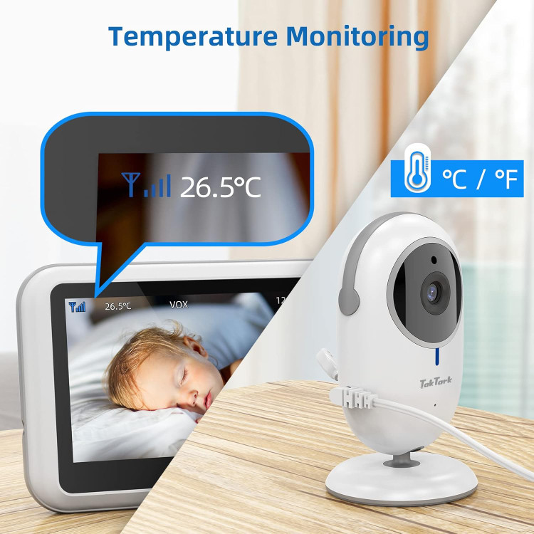 دوربین مراقبت کودک - مانیتور کودک TakTark با دوربین، ۴.۳ اینچ، با دوربین و صدا، مانیتور کودک تصویری با VOX، عملکرد آیفون تصویری، دید در شب، زوم دیجیتال، نظارت بر دما و بدون چراغ ن1