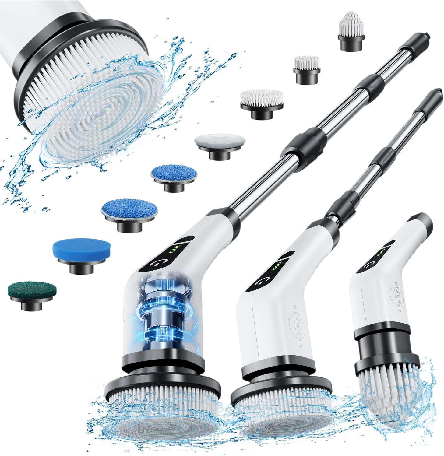 اسکرابر چرخشی برقی Leebein، برس تمیزکننده بی‌سیم با 8 سر برس قابل تعویض، اسکرابر قدرتمند 360 درجه برای کاشی و سرامیک کف و وان، دو سرعته با دسته قابل تنظیم و جداشونده برای حمام، آشپزخانه و ماشین لباسشویی  ن1