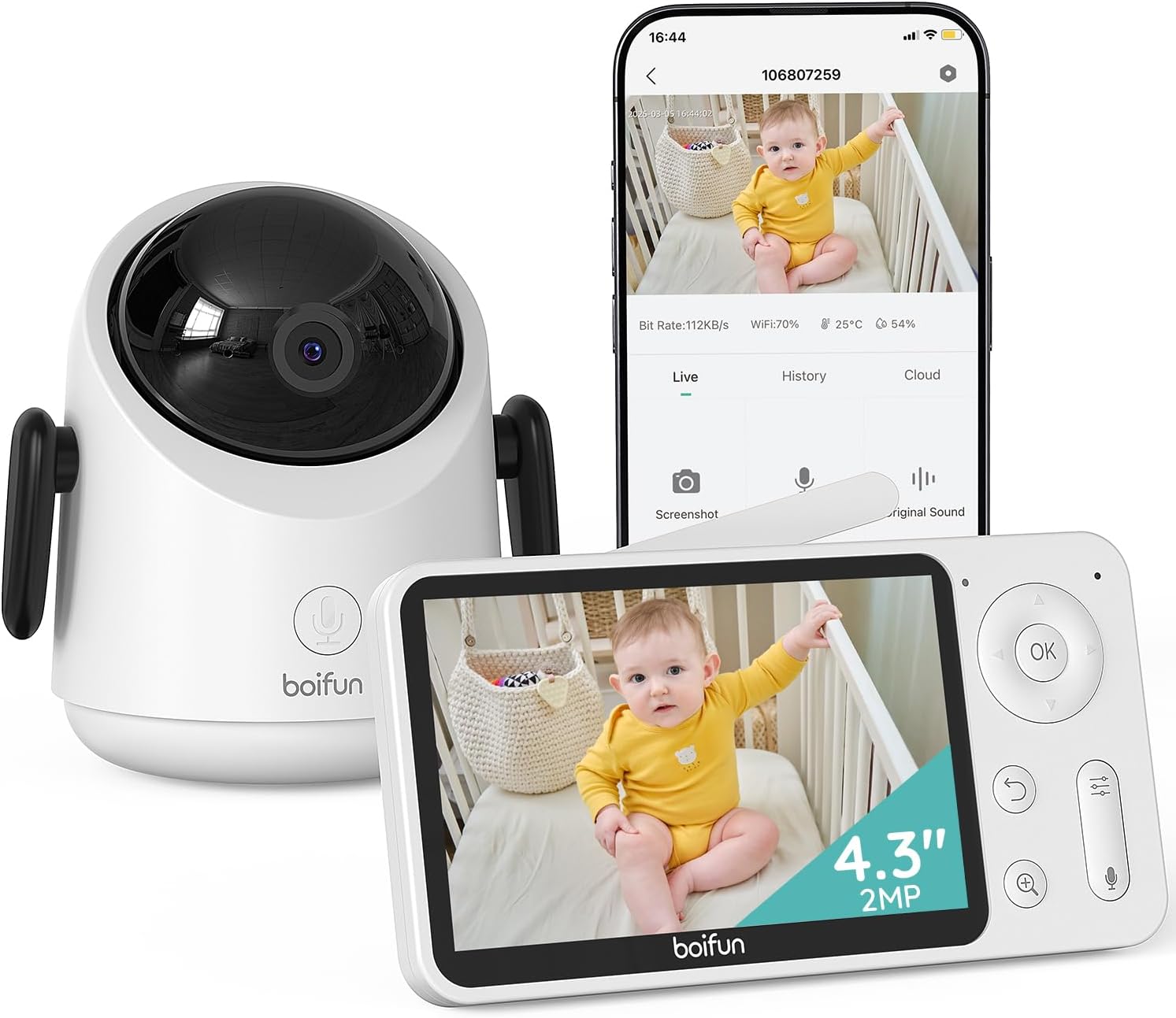 دوربین مداربسته کودک BOIFUN مدل baby 3sm - با کیفیت 1080P و وضوح 4.3 اینچ، قابلیت چرخش 360 درجه و اپلیکیشن موبایل، نظارت بر حرکت، ردیابی خودکار، حصار مجازی هوش مصنوعی، زوم 4 برابر، محافظت از حریم خصوصی  ن1