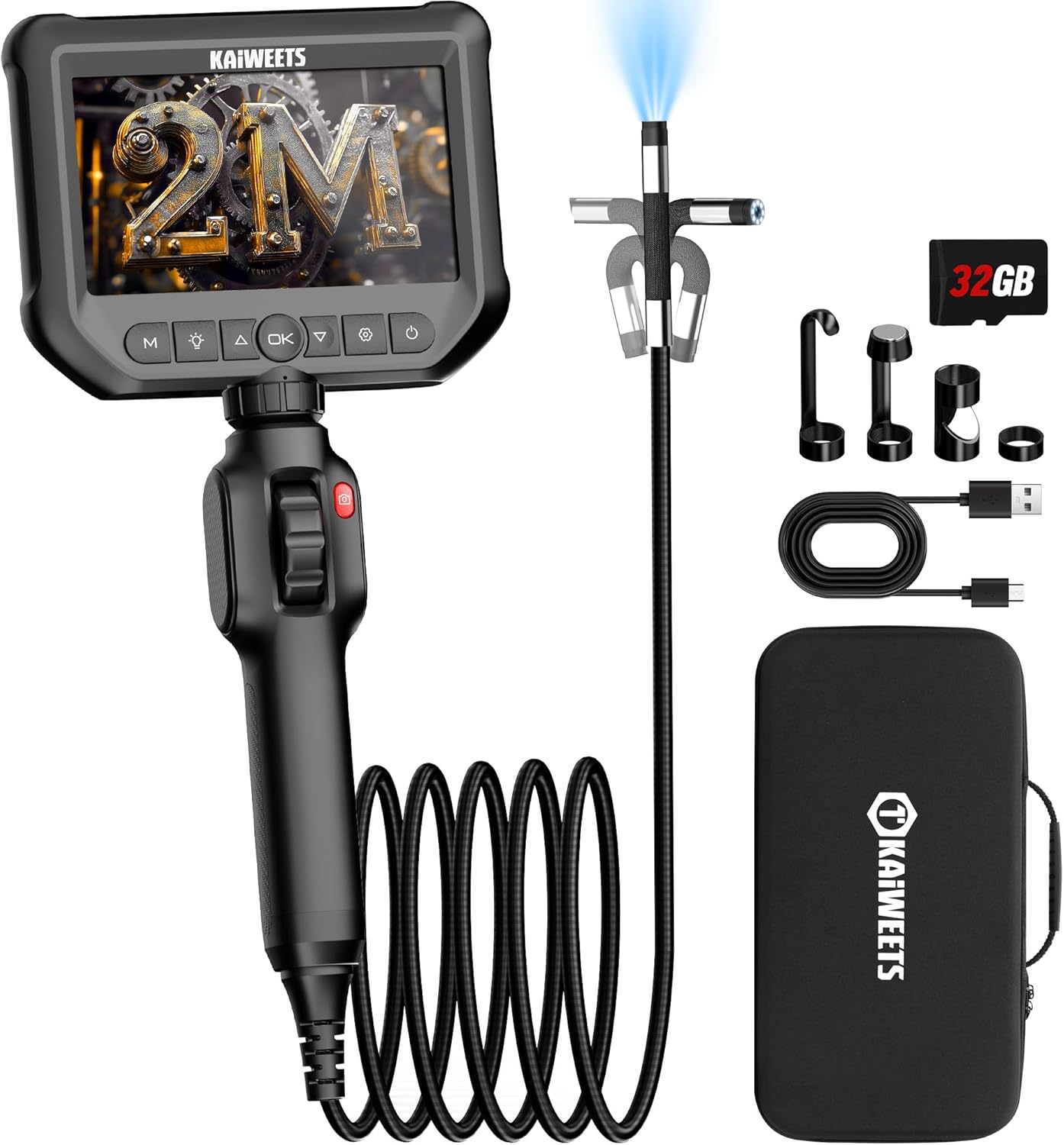 دوربین بازرسی آندوسکوپی KAIWEETS با چراغ، 4.3 اینچ، IPS 1080p، با کنترل چرخ اسکرول، چرخش دو طرفه، چرخش 210 درجه، دوربین لوله‌ای انعطاف‌پذیر، ضد آب IP67  ن1