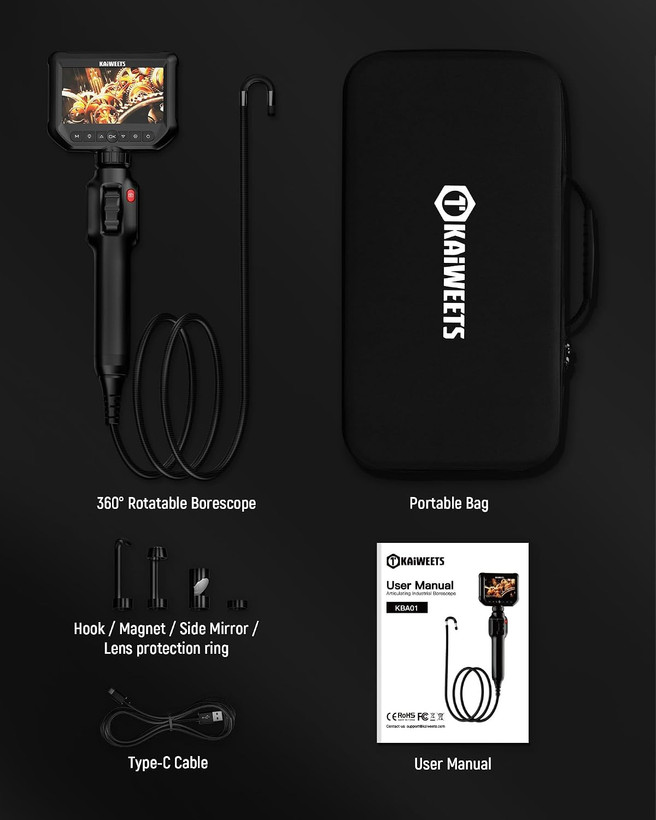 دوربین بازرسی آندوسکوپی KAIWEETS با چراغ، 4.3 اینچ، IPS 1080p، با کنترل چرخ اسکرول، چرخش دو طرفه، چرخش 210 درجه، دوربین لولهای انعطافپذیر، ضد آب IP67 ن1