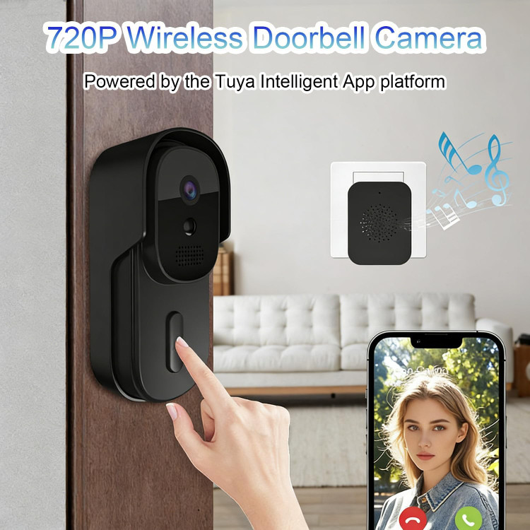 دوربین زنگ درب بیسیم - هشدارهای تشخیص حرکت فعال HD 720P مبتنی بر اپلیکیشن Tuya. (مشکی) ن1