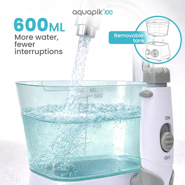 واترجت دندان حرفه ای - دستگاه شستشوی دهان و دندان آکواپیک AQ100-- دستگاه شستشوی دهان و دندان حرفه ای با قابلیت تنظیم فشار در 10 سطح، 8 سری، مخزن 600 میلی لیتری، درجه حفاظت IPX7 ن1
