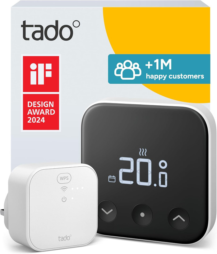 ترموستات هوشمند tado X – کیت شروع کننده ترموستات اتاقی سیمی و Bridge X | شامل ترموستات و Bridge X، کنترل از طریق اپلیکیشن و بلندگوی هوشمند (الکسا، سیری، دستیار گوگل)، نصب DIY ن1