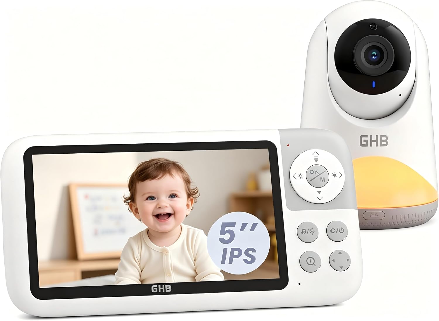 مانیتور کودک GHB 5 اینچی با دوربین، کیفیت 720P HD، قابلیت زوم افقی و عمودی و صدای دو طرفه | دید در شب، بدون نیاز به وای فای، چراغ خواب داخلی، حالت صرفه جویی در مصرف برق VOX، هشدار دما و 8 لالایی
