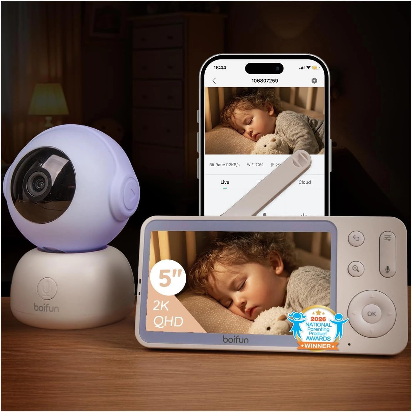 مانیتور کودک BOIFUN Wi-Fi با دوربین و صدا، سازگار با اپلیکیشن گوشی هوشمند، دید در شب 2K HD با صفحه نمایش 5 اینچی، ردیابی خودکار حرکت و تشخیص گریه، مکالمه دو طرفه، حسگر دما، رمزگذاری ایمن