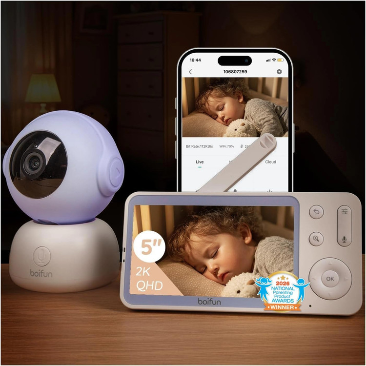 مانیتور کودک BOIFUN Wi-Fi با دوربین و صدا، سازگار با اپلیکیشن گوشی هوشمند، دید در شب 2K HD با صفحه نمایش 5 اینچی، ردیابی خودکار حرکت و تشخیص گریه، مکالمه دو طرفه، حسگر دما، رمزگذاری ایمن
