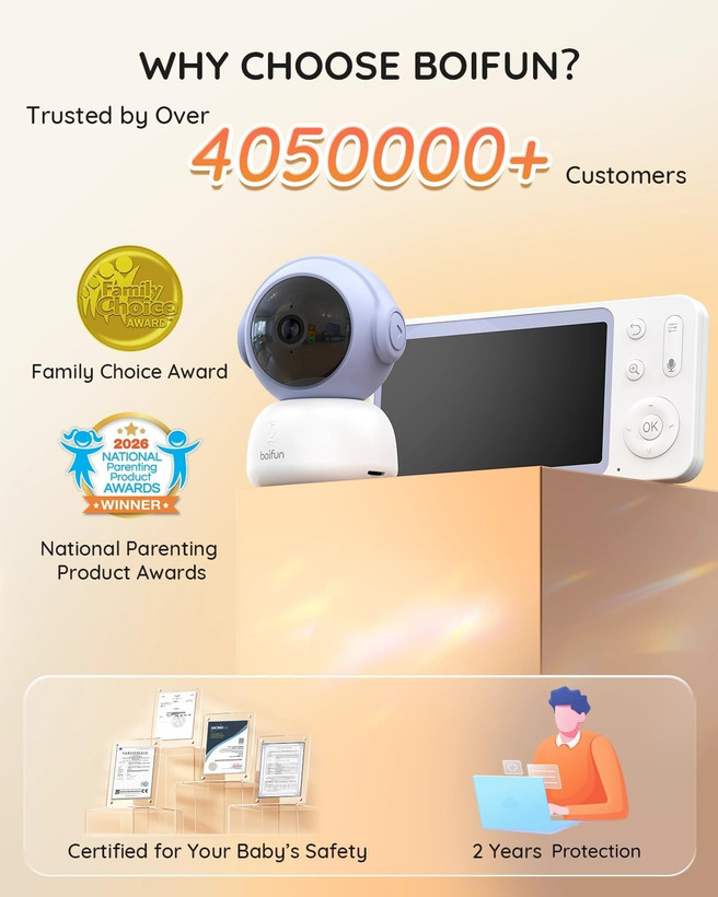 مانیتور کودک BOIFUN Wi-Fi با دوربین و صدا، سازگار با اپلیکیشن گوشی هوشمند، دید در شب 2K HD با صفحه نمایش 5 اینچی، ردیابی خودکار حرکت و تشخیص گریه، مکالمه دو طرفه، حسگر دما، رمزگذاری ایمن