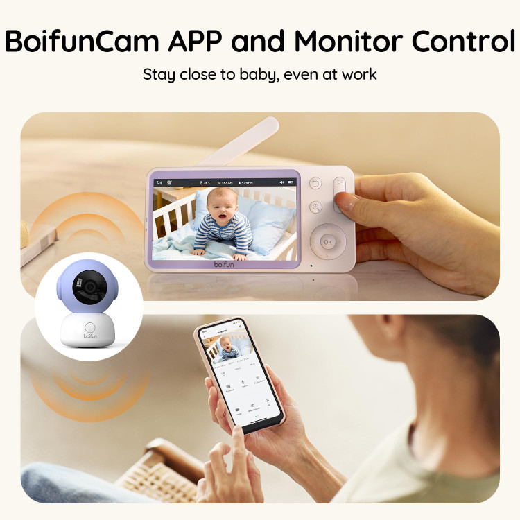 مانیتور کودک BOIFUN Wi-Fi با دوربین و صدا، سازگار با اپلیکیشن گوشی هوشمند، دید در شب 2K HD با صفحه نمایش 5 اینچی، ردیابی خودکار حرکت و تشخیص گریه، مکالمه دو طرفه، حسگر دما، رمزگذاری ایمن
