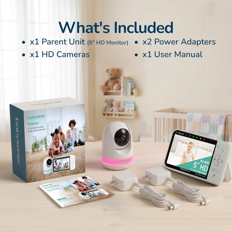 مانیتور کودک ۵ اینچی بدون نیاز به وای فای Babysense Prisma HD با دوربین و صدا، چراغ خواب ۶ رنگ، صفحه نمایش دو قسمتی، دستگاه پخش صدای کودک با نویز سفید و لالایی، ضد هک