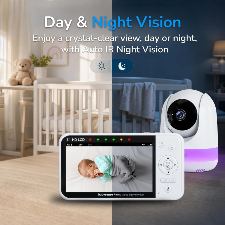 مانیتور کودک ۵ اینچی بدون نیاز به وای فای Babysense Prisma HD با دوربین و صدا، چراغ خواب ۶ رنگ، صفحه نمایش دو قسمتی، دستگاه پخش صدای کودک با نویز سفید و لالایی، ضد هک