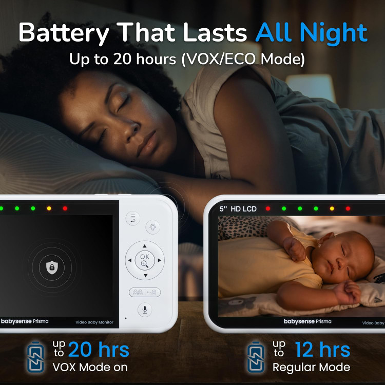 مانیتور کودک ۵ اینچی بدون نیاز به وای فای Babysense Prisma HD با دوربین و صدا، چراغ خواب ۶ رنگ، صفحه نمایش دو قسمتی، دستگاه پخش صدای کودک با نویز سفید و لالایی، ضد هک