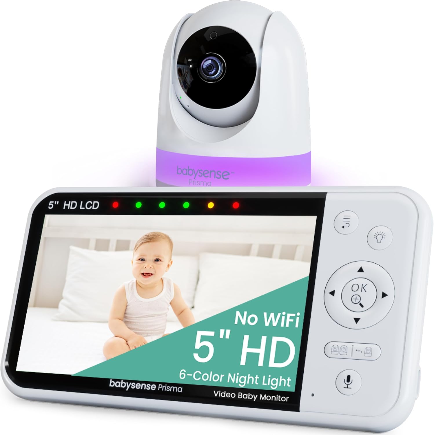 مانیتور کودک ۵ اینچی بدون نیاز به وای فای Babysense Prisma HD با دوربین و صدا، چراغ خواب ۶ رنگ، صفحه نمایش دو قسمتی، دستگاه پخش صدای کودک با نویز سفید و لالایی، ضد هک