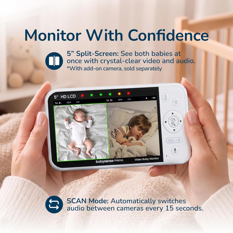 مانیتور کودک ۵ اینچی بدون نیاز به وای فای Babysense Prisma HD با دوربین و صدا، چراغ خواب ۶ رنگ، صفحه نمایش دو قسمتی، دستگاه پخش صدای کودک با نویز سفید و لالایی، ضد هک