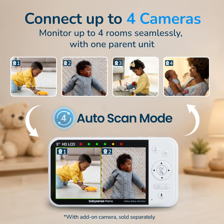 مانیتور کودک ۵ اینچی بدون نیاز به وای فای Babysense Prisma HD با دوربین و صدا، چراغ خواب ۶ رنگ، صفحه نمایش دو قسمتی، دستگاه پخش صدای کودک با نویز سفید و لالایی، ضد هک