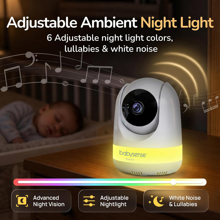 مانیتور کودک ۵ اینچی بدون نیاز به وای فای Babysense Prisma HD با دوربین و صدا، چراغ خواب ۶ رنگ، صفحه نمایش دو قسمتی، دستگاه پخش صدای کودک با نویز سفید و لالایی، ضد هک