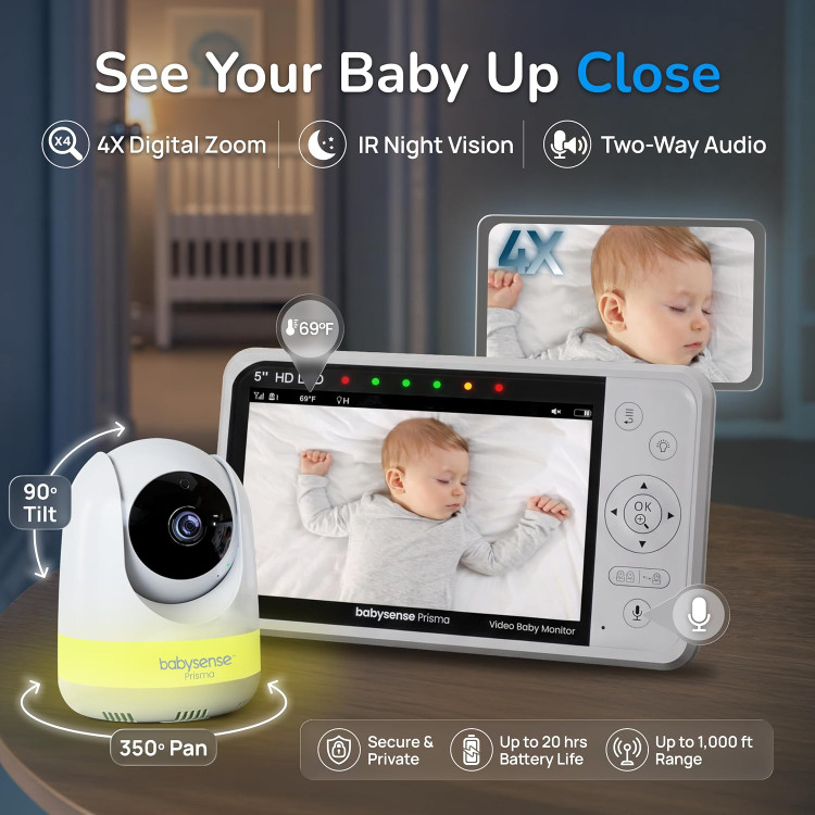 مانیتور کودک ۵ اینچی بدون نیاز به وای فای Babysense Prisma HD با دوربین و صدا، چراغ خواب ۶ رنگ، صفحه نمایش دو قسمتی، دستگاه پخش صدای کودک با نویز سفید و لالایی، ضد هک
