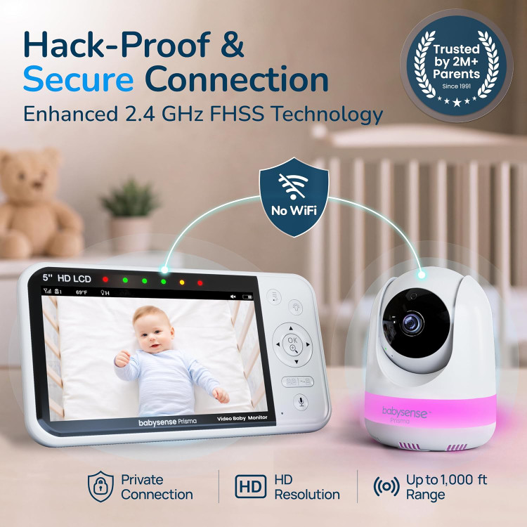 مانیتور کودک ۵ اینچی بدون نیاز به وای فای Babysense Prisma HD با دوربین و صدا، چراغ خواب ۶ رنگ، صفحه نمایش دو قسمتی، دستگاه پخش صدای کودک با نویز سفید و لالایی، ضد هک