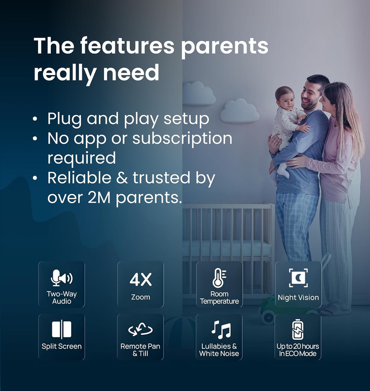 مانیتور کودک Babysense PRO Full HD بدون نیاز به وای فای با صفحه نمایش دو قسمتی، دوربین و صدا، مکالمه دو طرفه، چراغ خواب 6 رنگ، باتری 5000 میلی آمپر ساعتی، برد بالا، زوم 4 برابر و صدای شفاف