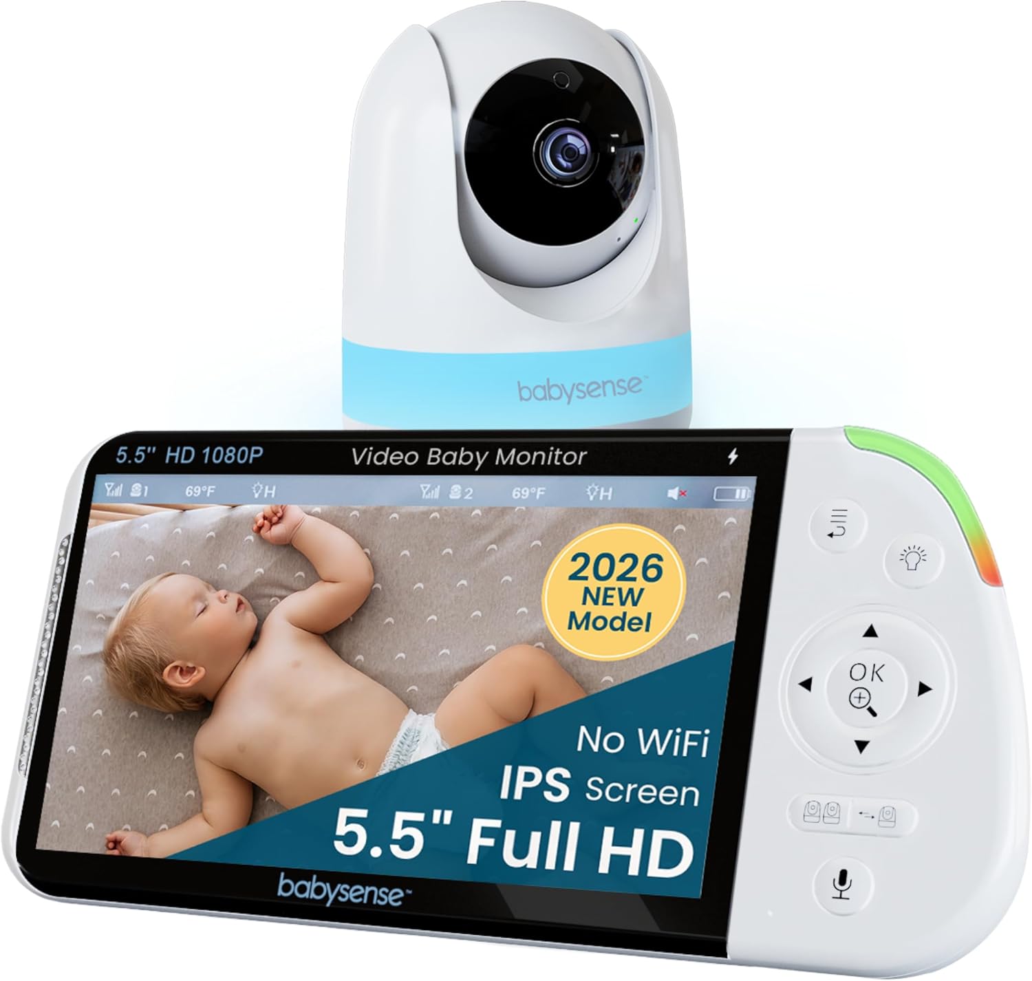 مانیتور کودک  Babysense PRO Full HD بدون نیاز به وای فای  با صفحه نمایش دو قسمتی، دوربین و صدا، مکالمه دو طرفه، چراغ خواب 6 رنگ، باتری 5000 میلی آمپر ساعتی، برد بالا، زوم 4 برابر و صدای شفاف