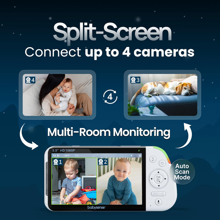مانیتور کودک Babysense PRO Full HD بدون نیاز به وای فای با صفحه نمایش دو قسمتی، دوربین و صدا، مکالمه دو طرفه، چراغ خواب 6 رنگ، باتری 5000 میلی آمپر ساعتی، برد بالا، زوم 4 برابر و صدای شفاف